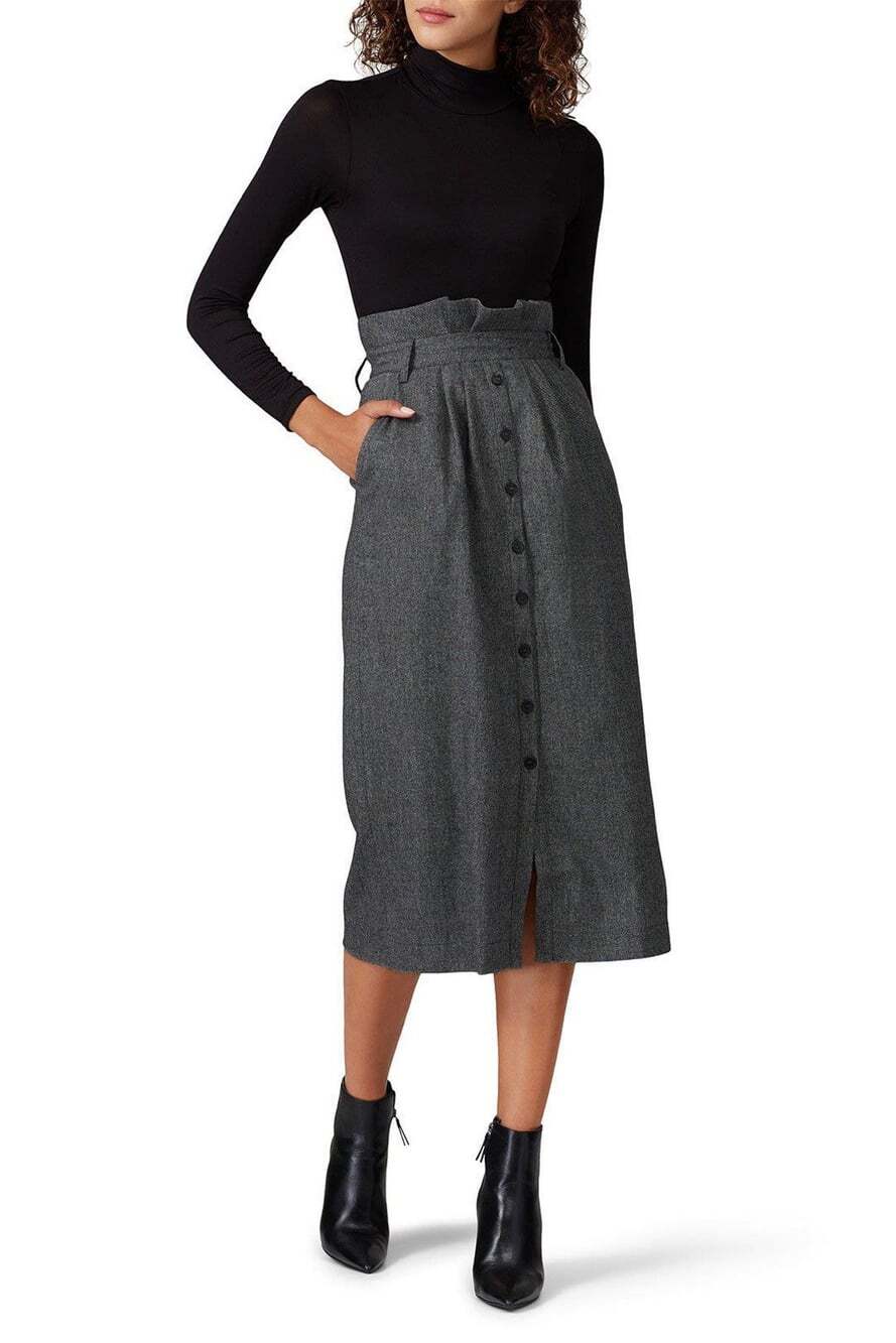 ba&sh Gray High Waist Button Front Midi Skirt Wool Blend Size Medium Academia
